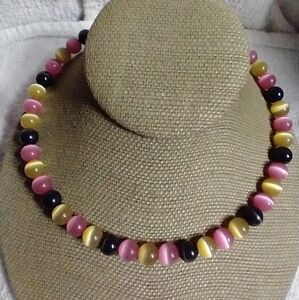 Yellow pink black cats eye beaded choker collar wire necklace 17 inches